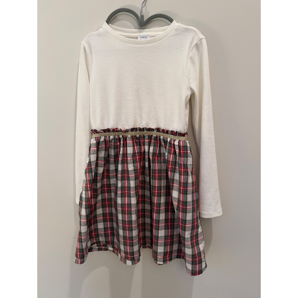 Crewcuts J.Crew Girls Plaid Long Sleeve Dress Ivory Red Green Gold Size 8